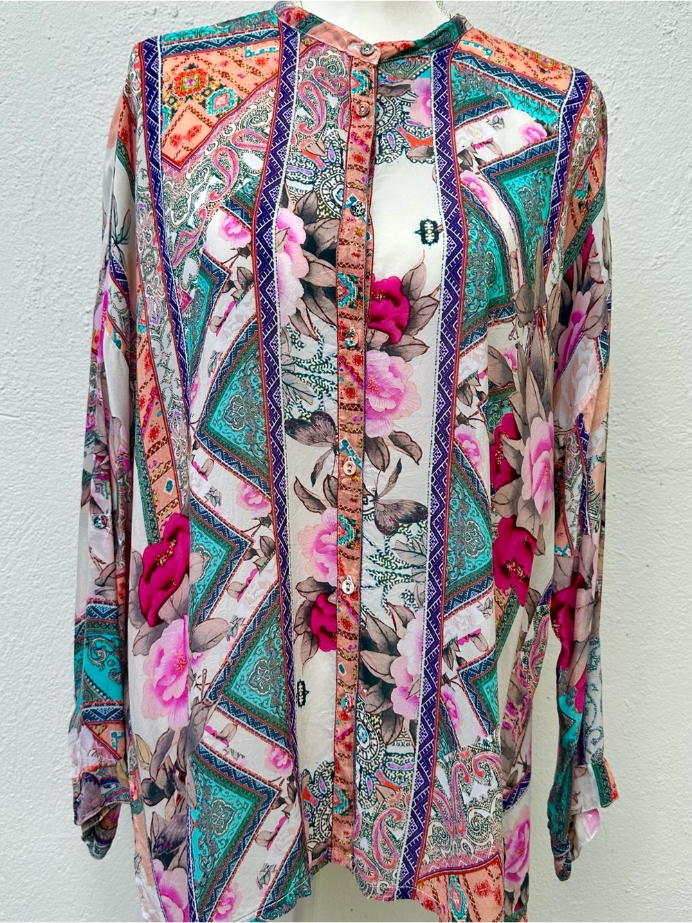 Floral Geometric Button-Up Blouse in Pink & Turquoise